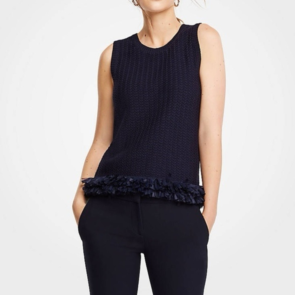 NWT Ann Taylor Navy Sleeveless Knit Sweater Fringe Hem size M